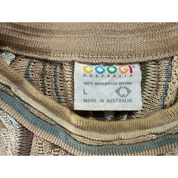 COOGI 3D Knit Stripe Sweater size Large Green Beige blue Rare vintage - Picture 2 of 5